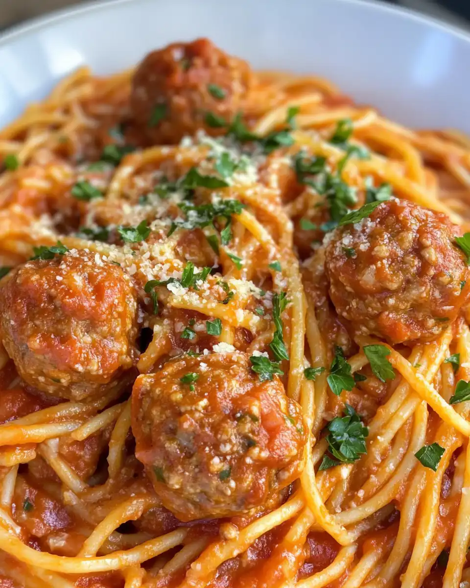 Ingredients of creamy spaghetti and meatballs laid out on kitchen counter
