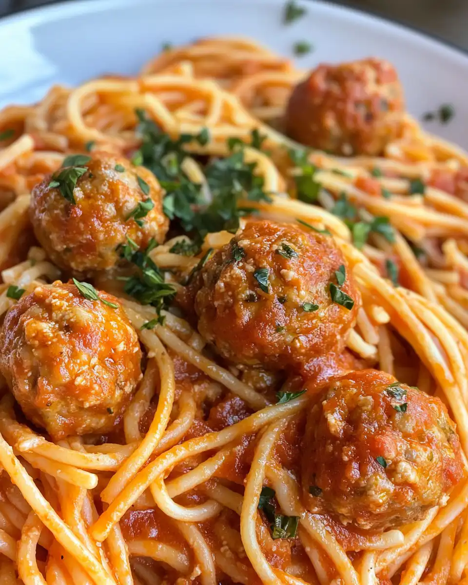 Creamy spaghetti with meatballs served on a plate ready to eat
