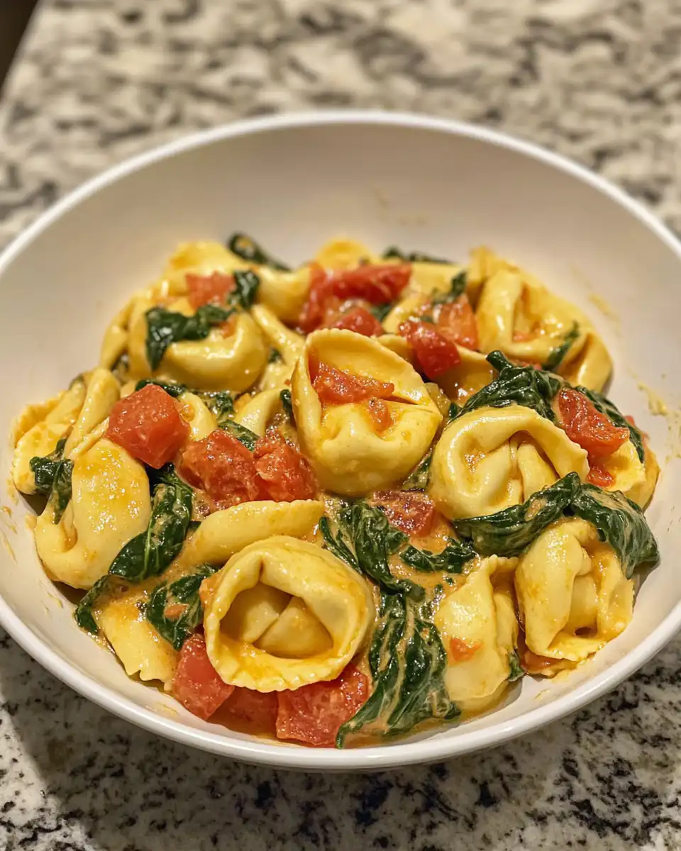 Final plated creamy spinach tomato tortellini with Parmesan garnish