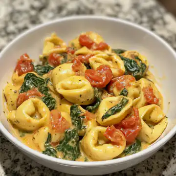 Creamy Spinach Tomato Tortellini Recipe taken with iphone 15 pro max --iw 2 --ar 4:5 --v 6.1 --raw