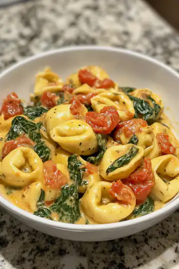 Creamy Spinach Tomato Tortellini Recipe taken with iphone 15 pro max --iw 2 --ar 4:5 --v 6.1 --raw