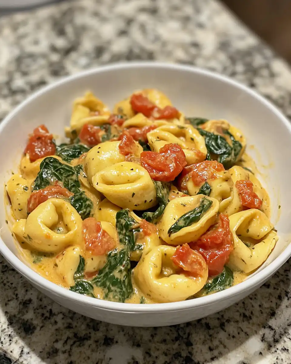 Creamy spinach tomato tortellini cooking in pressure cooker with steam vent