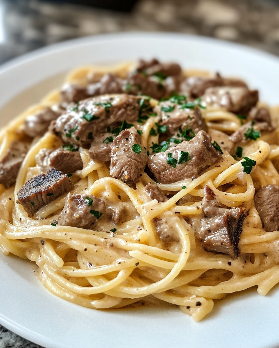 Ingredients prepared for creamy steak pasta recipe in pressure cooker