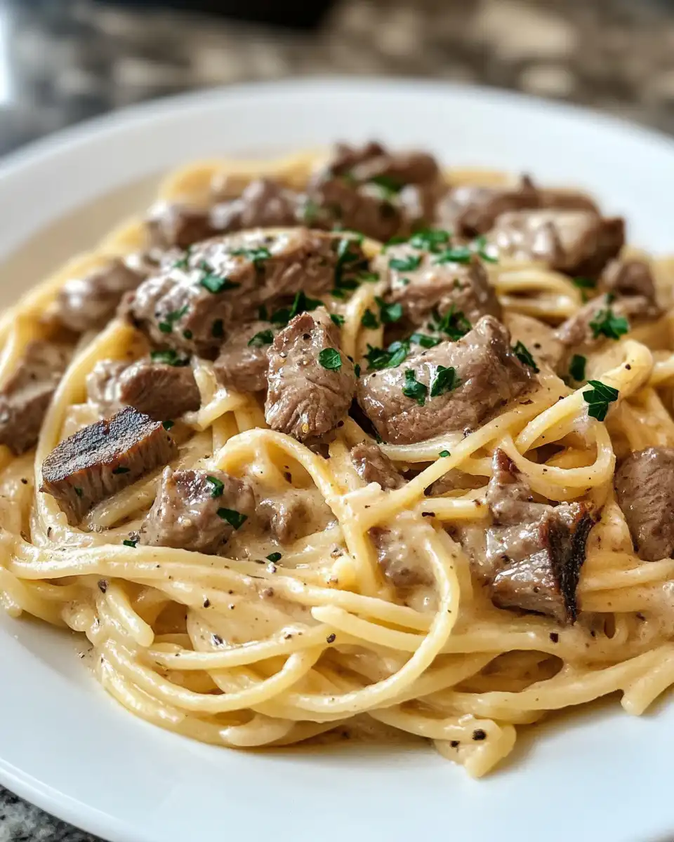 Ingredients prepared for creamy steak pasta recipe in pressure cooker