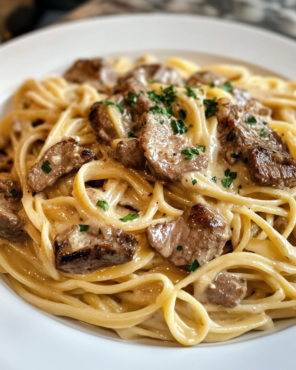 Creamy steak pasta served on plate with garnish, ready to eat