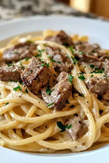 Creamy Steak Pasta Garlic taken with iphone 15 pro max --iw 2 --ar 4:5 --v 6.1 --raw