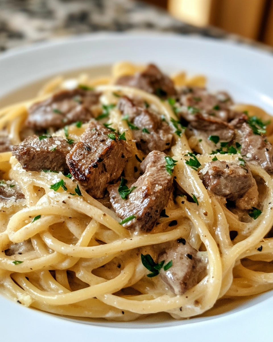 Creamy steak pasta cooking in pressure cooker with garlic aroma