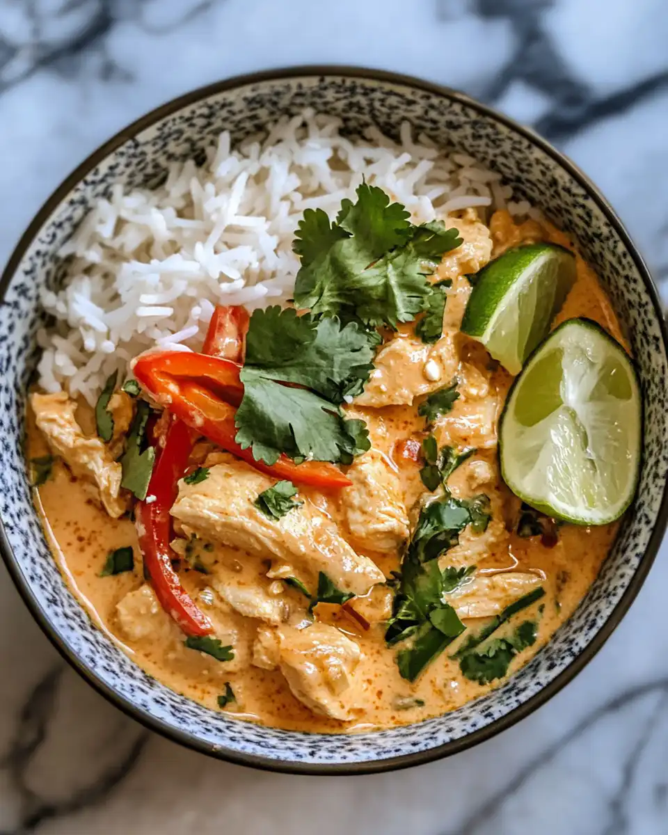 Bowl of finished creamy Thai red curry chicken garnished with fresh herbs