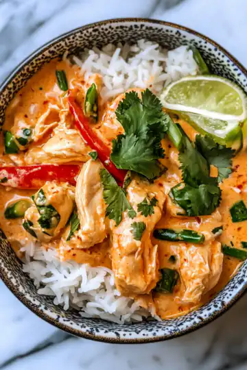 Creamy Thai Red Curry Chicken Bowls taken with iphone 15 pro max --iw 2 --ar 4:5 --v 6.1 --raw