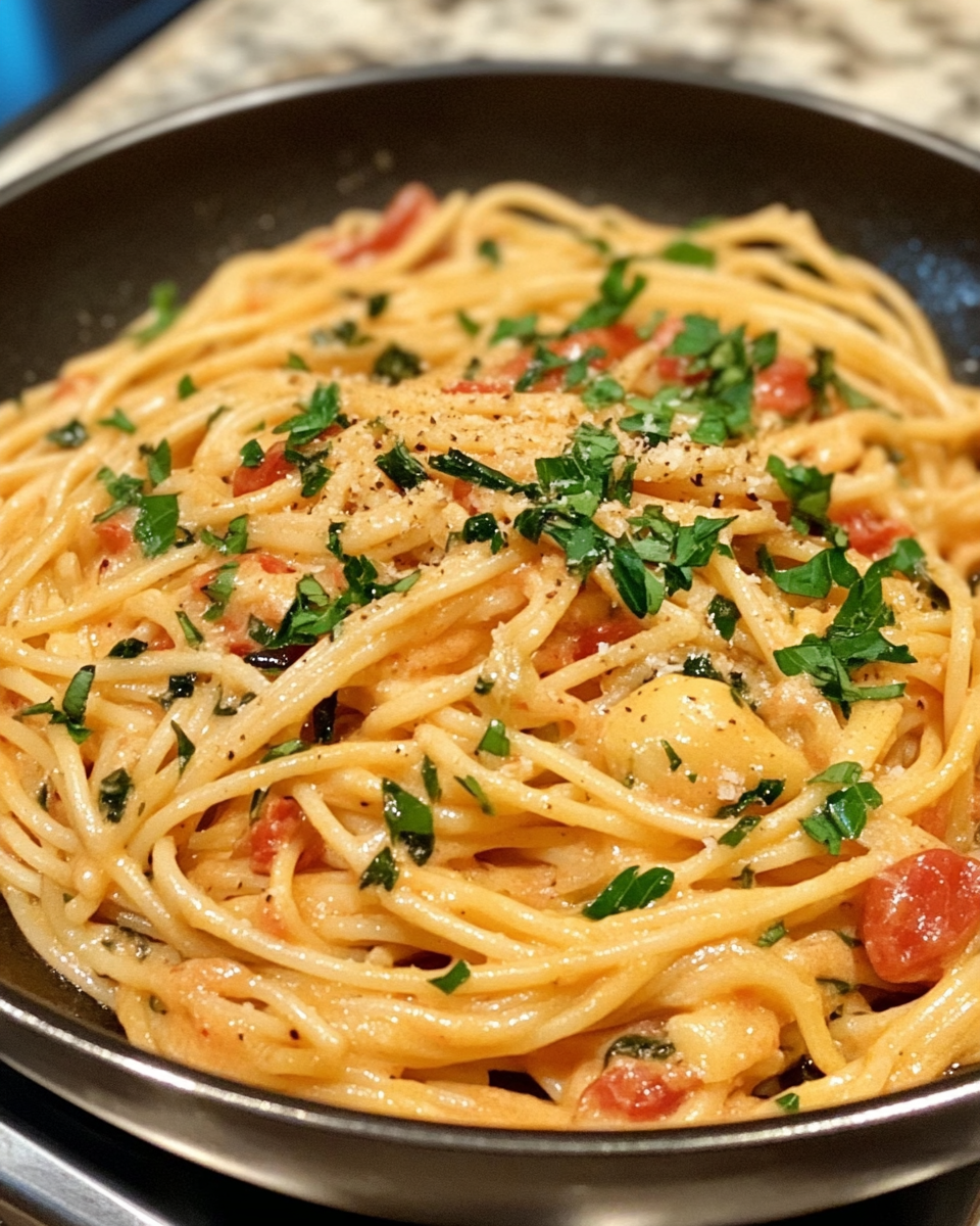 Creamy tomato garlic pasta served in a bowl with parmesan cheese