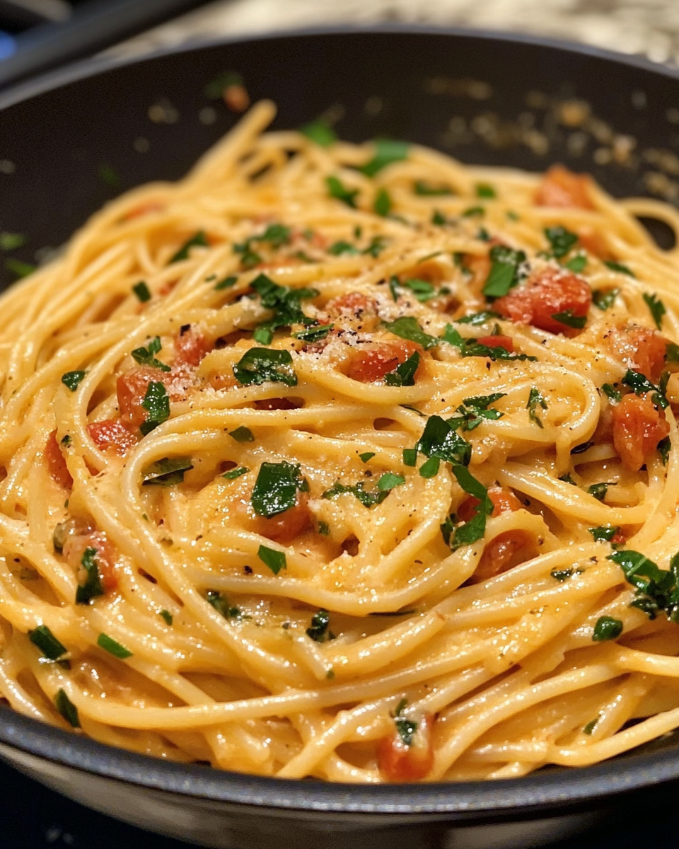 Creamy tomato garlic pasta simmering in pressure cooker