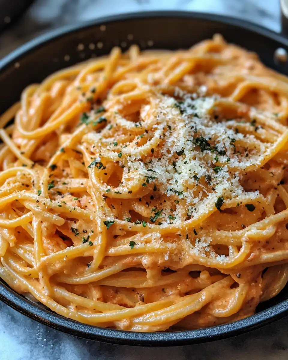Creamy tomato garlic rigatoni pasta served with Parmesan cheese and parsley garnish