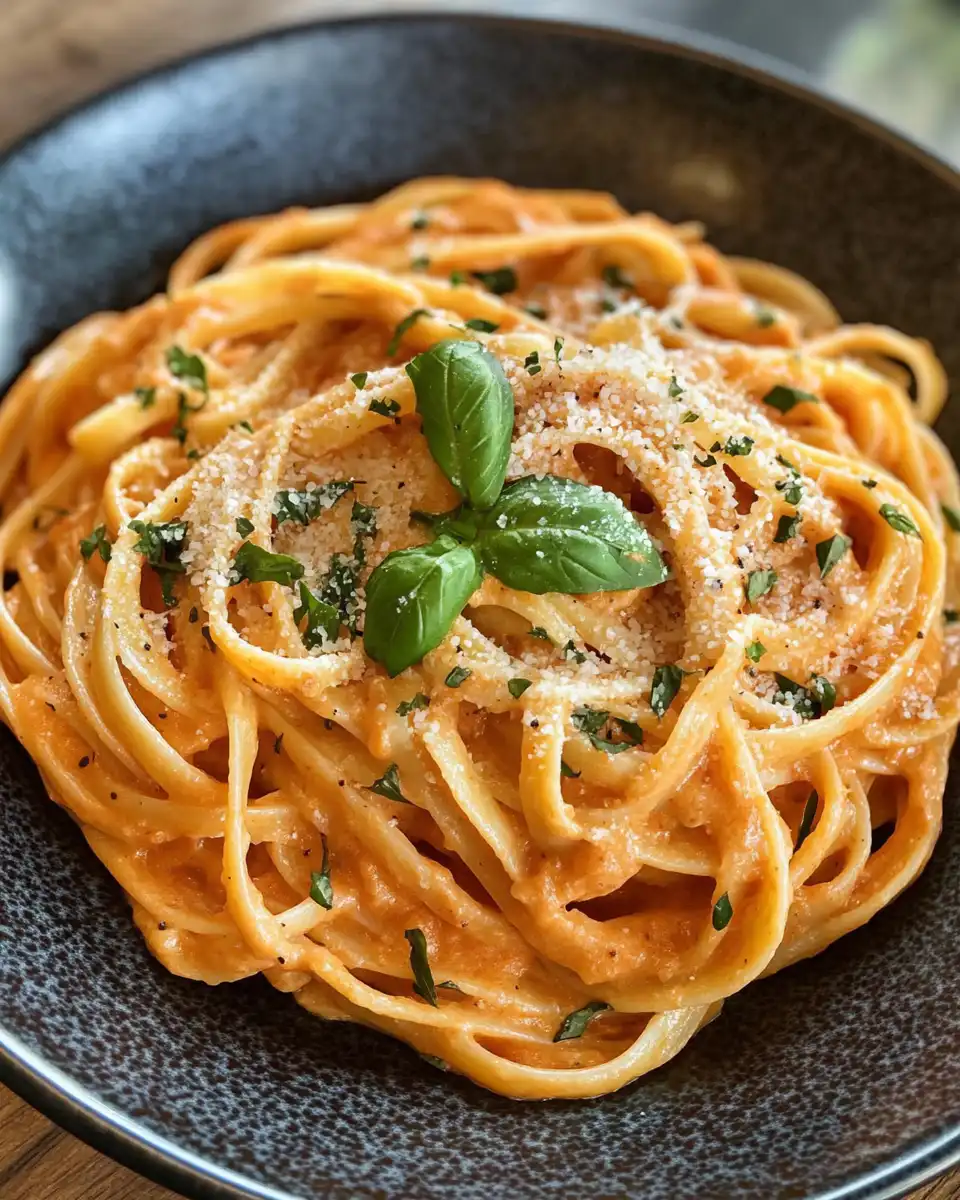 Cooking creamy tomato garlic pasta sauce in a saucepan with butter and garlic