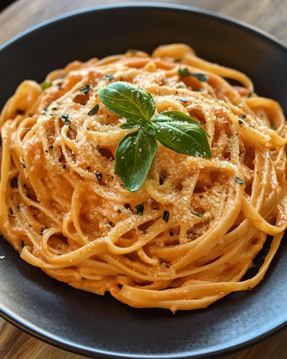 Creamy tomato garlic pasta served on a plate garnished with parmesan and herbs