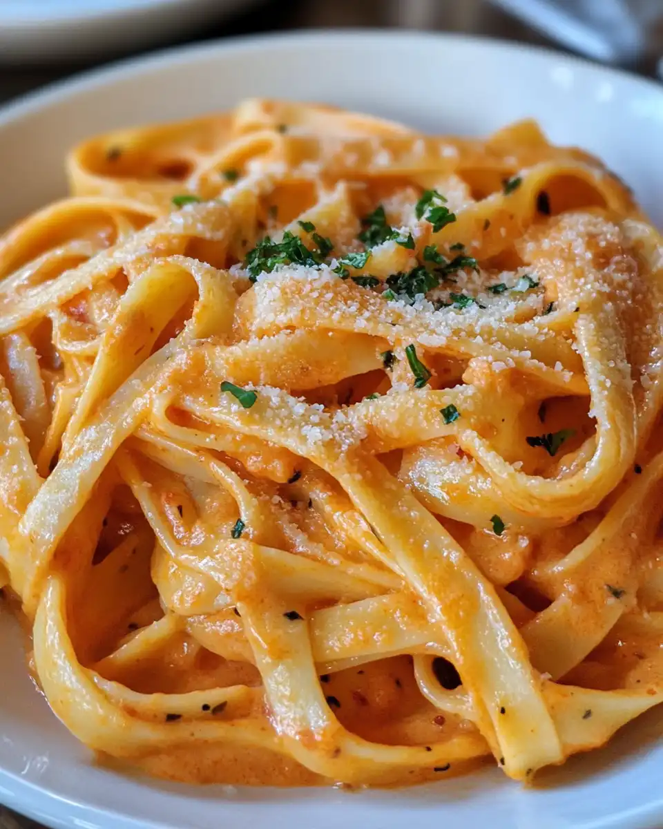 Finished creamy tomato garlic pasta served and topped with parmesan cheese