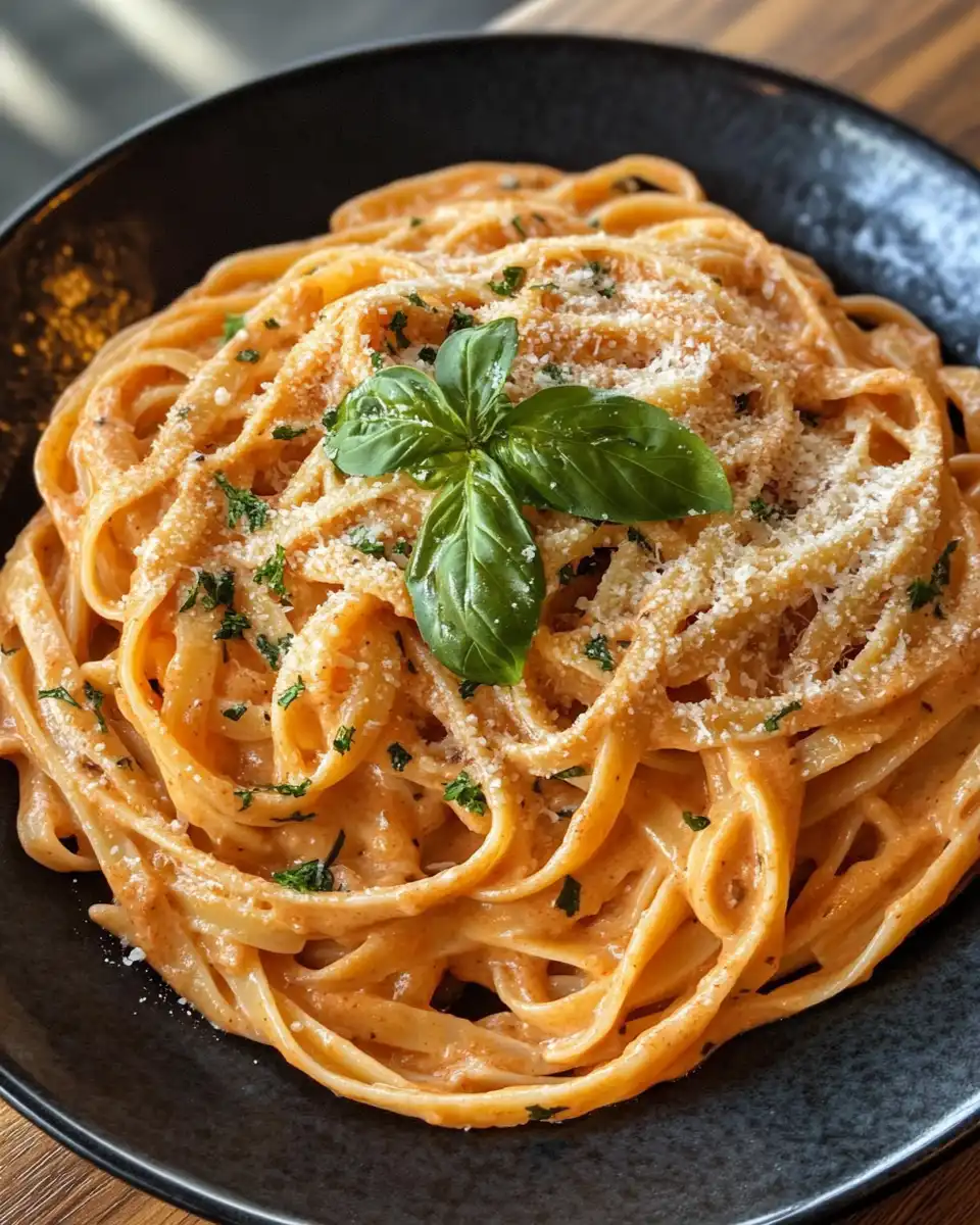 Close-up of creamy tomato garlic pasta in a bowl, fresh and inviting