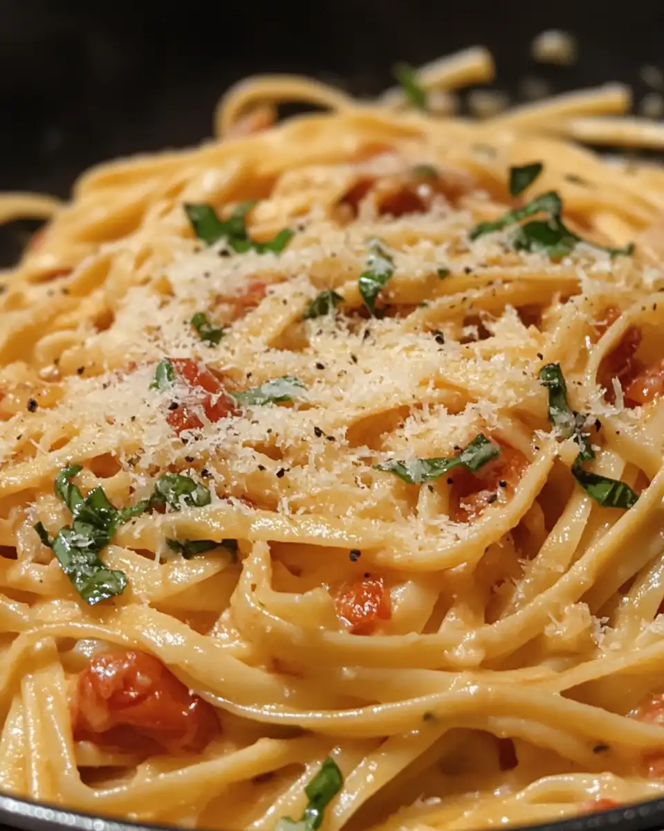 Creamy Tuscan slow roasted tomato pasta simmering in pot