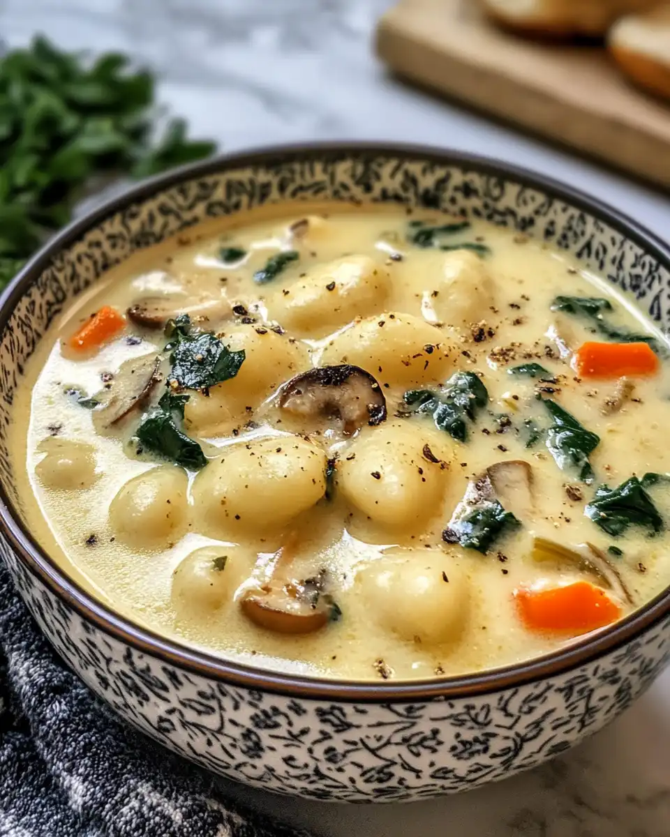 Simmering creamy vegetarian gnocchi soup during cooking process