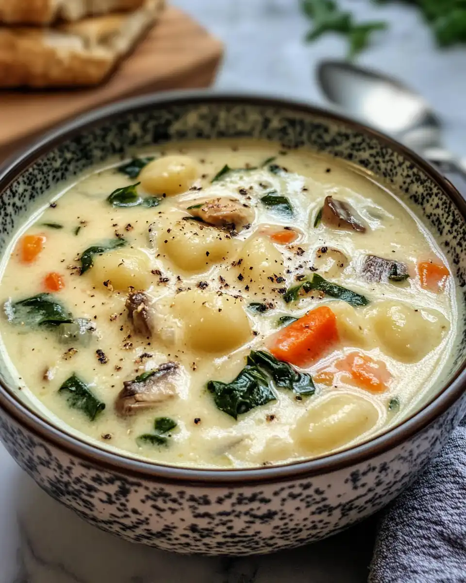 Creamy vegetarian gnocchi soup served hot in a bowl, ready to enjoy