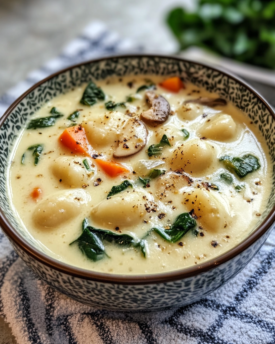 Creamy vegetarian gnocchi soup simmering in a pot with fresh ingredients