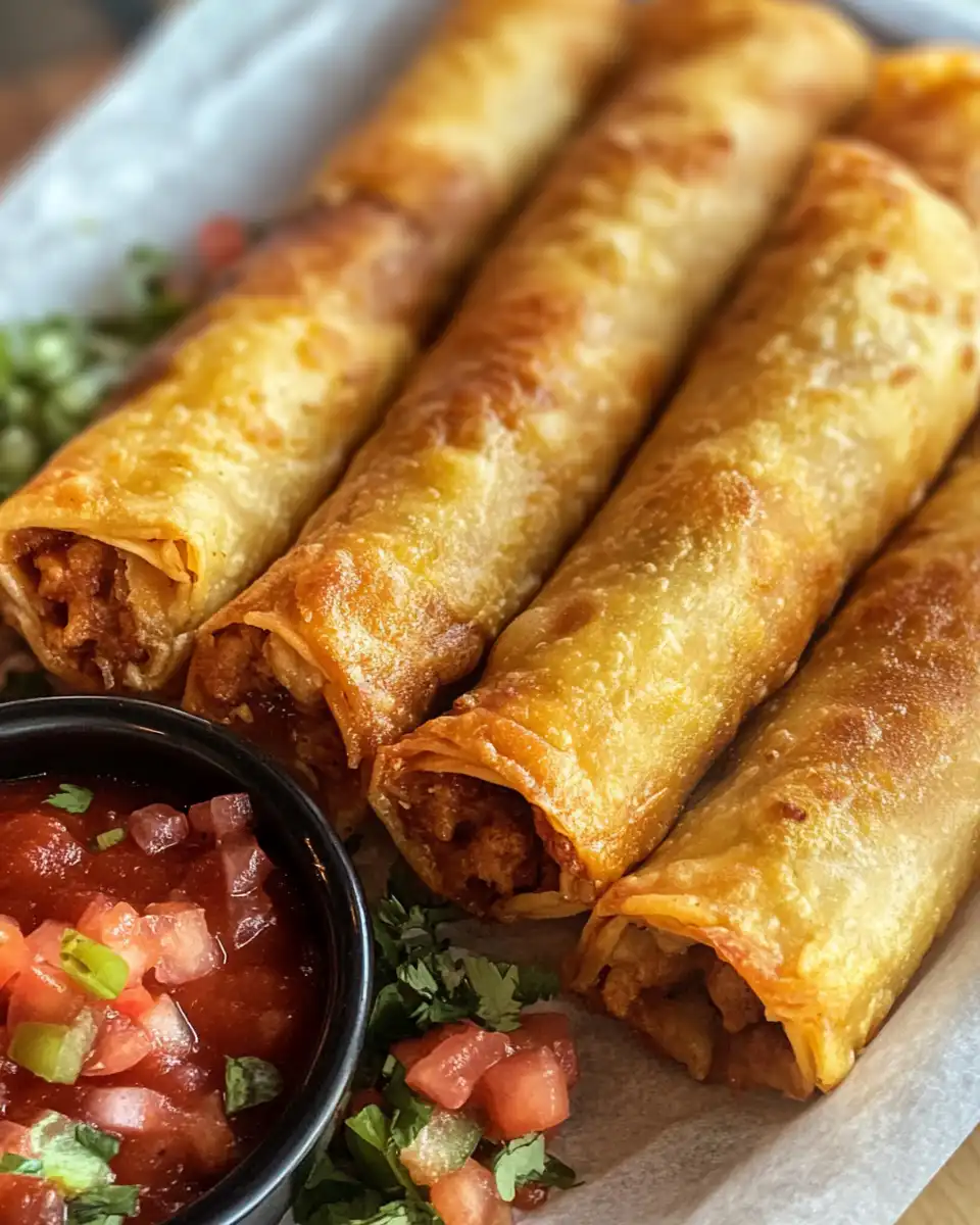 Plated crispy chicken taquitos ready to serve