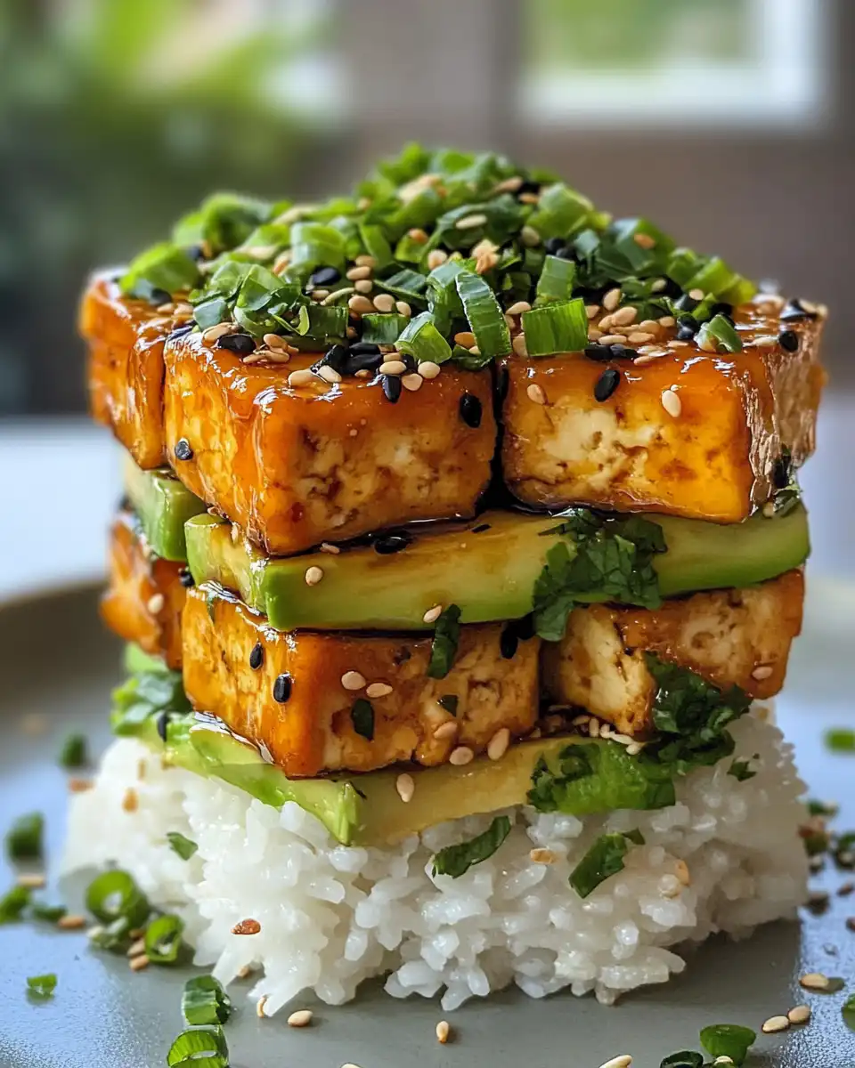 Plated crispy teriyaki tofu with avocado rice stack ready to enjoy