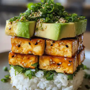 Crispy Teriyaki Tofu And Avocado Rice Stack Recipe taken with iphone 15 pro max --iw 2 --ar 4:5 --v 6.1 --raw