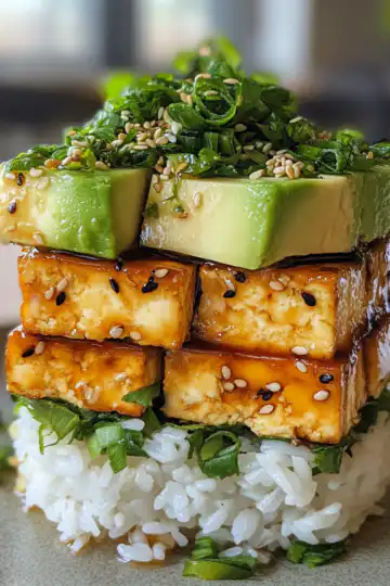 Crispy Teriyaki Tofu And Avocado Rice Stack Recipe taken with iphone 15 pro max --iw 2 --ar 4:5 --v 6.1 --raw