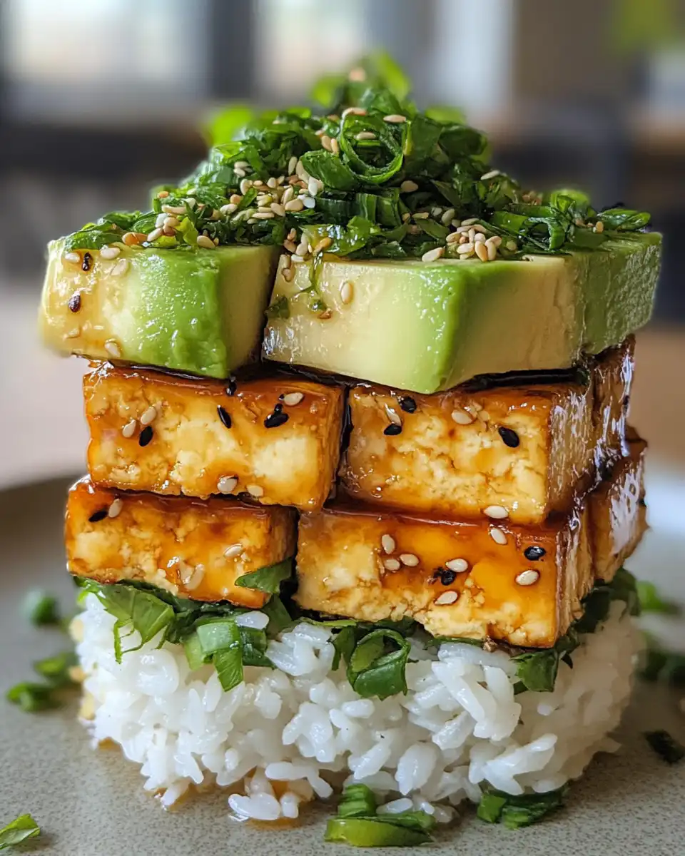 Crispy teriyaki tofu cubes steaming in pressure cooker with avocado rice stack