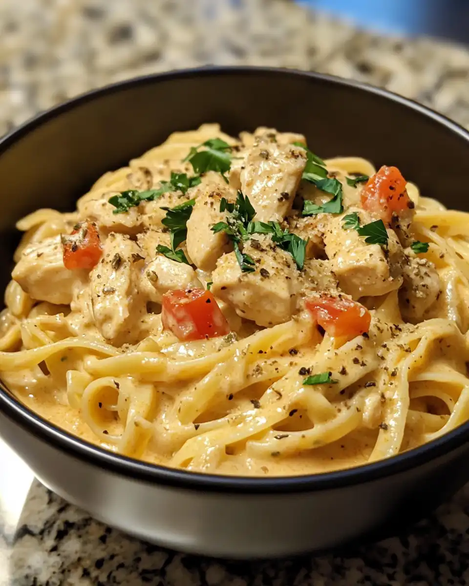 Creamy Cajun chicken pasta simmering in crock pot