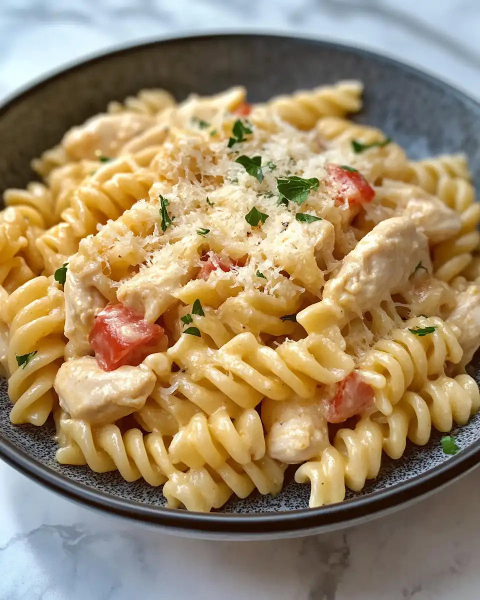 Creamy crock pot parmesan chicken pasta served with parsley and red pepper flakes