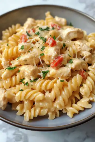 Crock Pot Parmesan Chicken Pasta taken with iphone 15 pro max --iw 2 --ar 4:5 --v 6.1 --raw