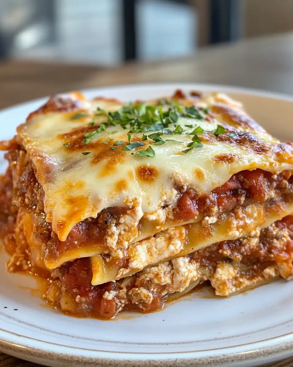 Plated slow cooker ravioli lasagna with melted cheese ready to enjoy