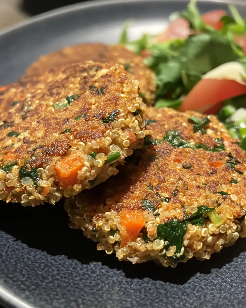 Served crispy quinoa patties topped with creamy stroganoff sauce and fresh coleslaw side