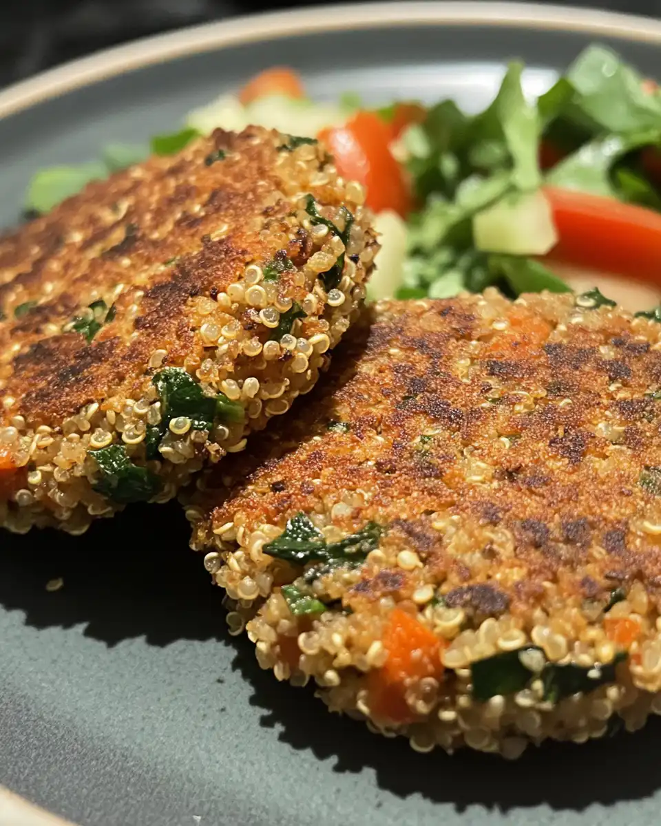 Crunchy quinoa veggie patties cooking with golden crispy edges