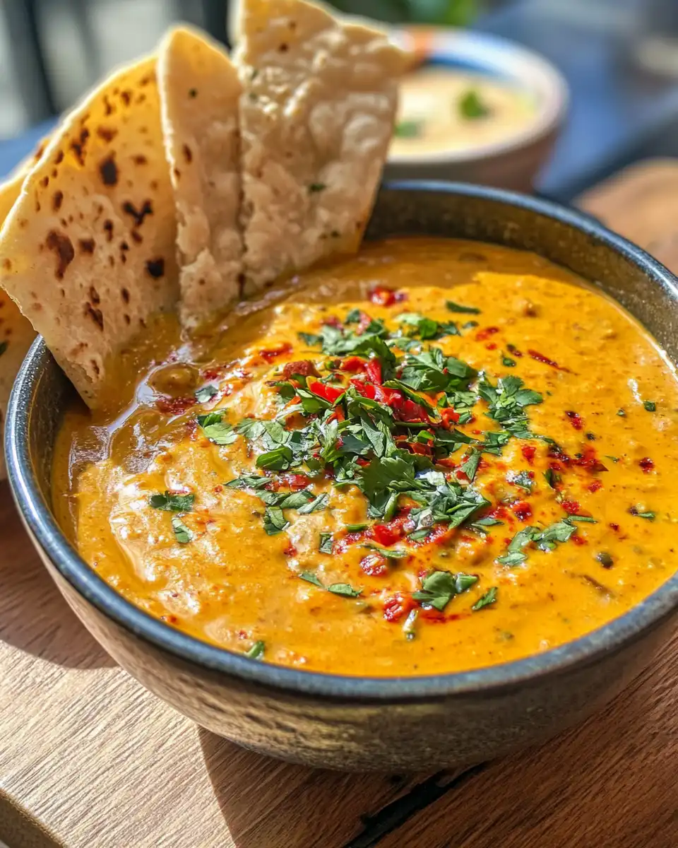 Creamy curry date dip aromatic steam in kitchen