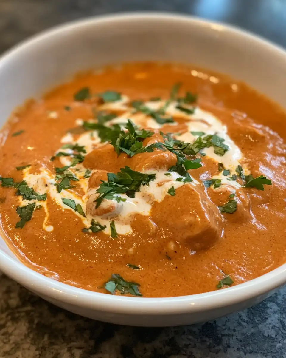 Ingredients for butter chicken cooking in skillet with spices