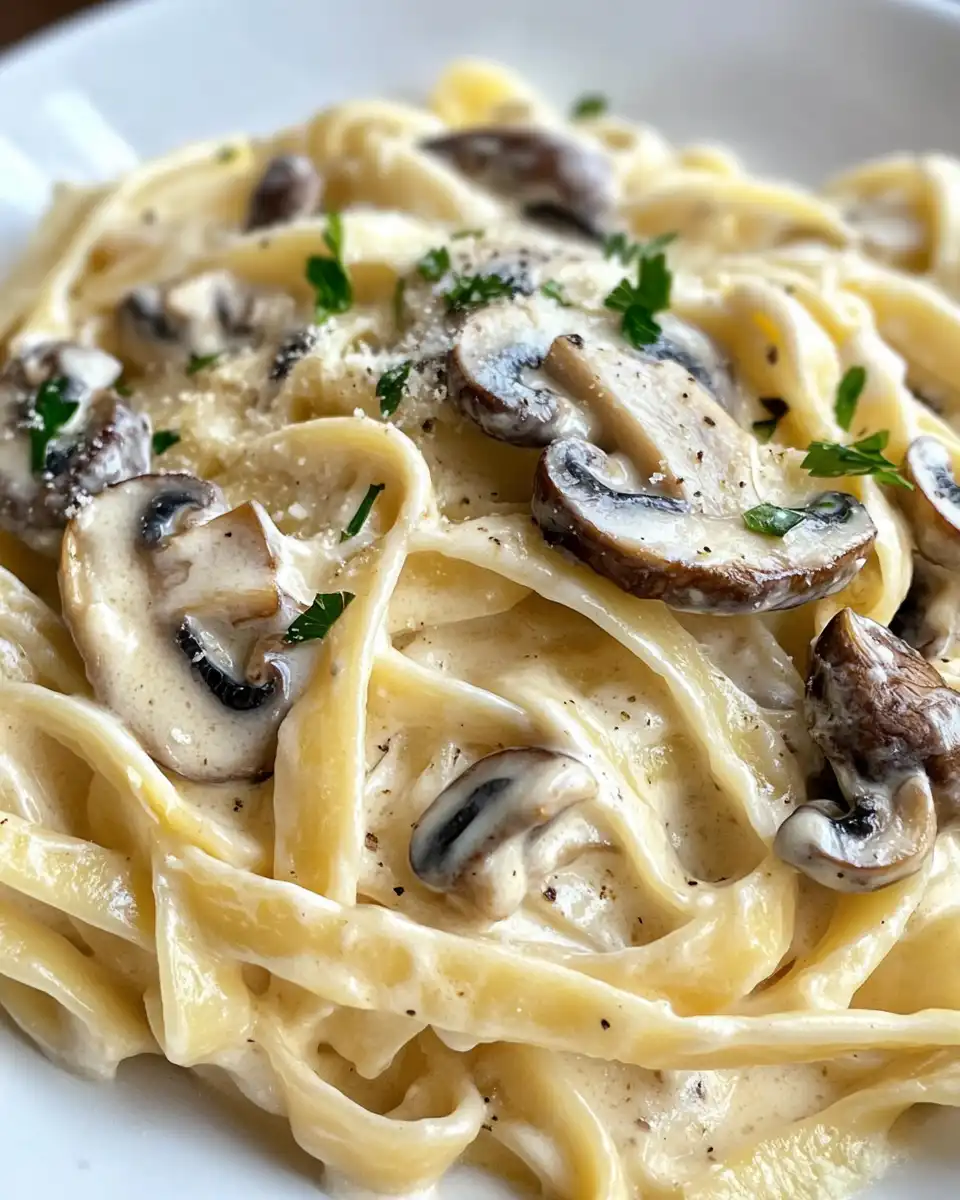 Fresh ingredients including fettuccine, mushrooms, parmesan, and thyme herbs