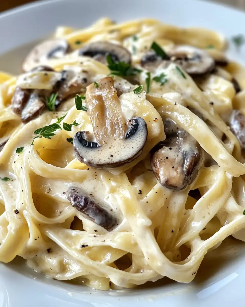 Creamy mushroom fettuccine Alfredo served on a plate garnished with herbs