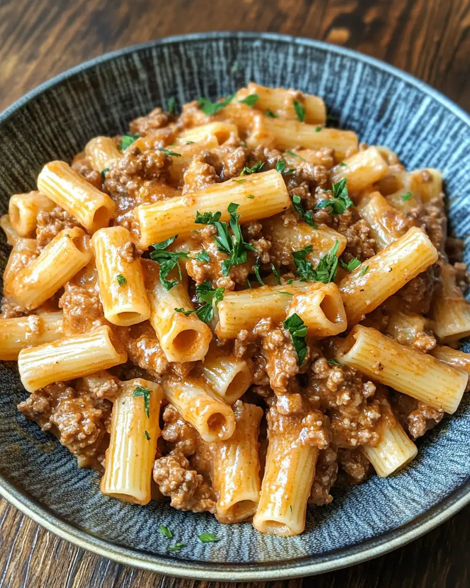 Ingredients and sauce simmering for creamy ground beef pasta