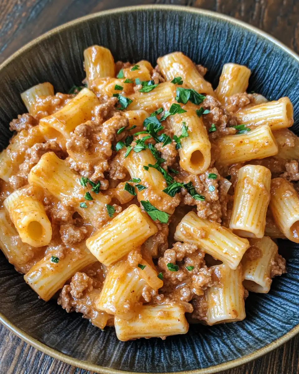 Served creamy ground beef pasta with parmesan garnish and herbs