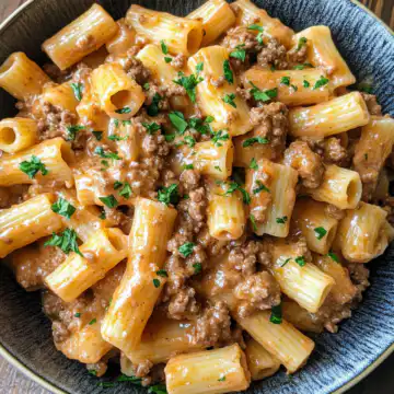 Delicious Stovetop Creamy Ground Beef Pasta Recipe taken with iphone 15 pro max --iw 2 --ar 4:5 --v 6.1 --raw