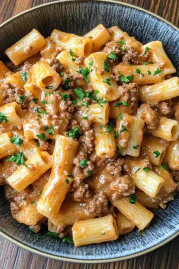Delicious Stovetop Creamy Ground Beef Pasta Recipe taken with iphone 15 pro max --iw 2 --ar 4:5 --v 6.1 --raw