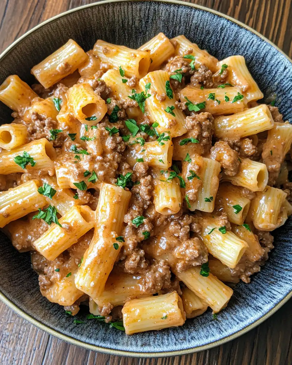 Delicious creamy ground beef pasta simmering in skillet
