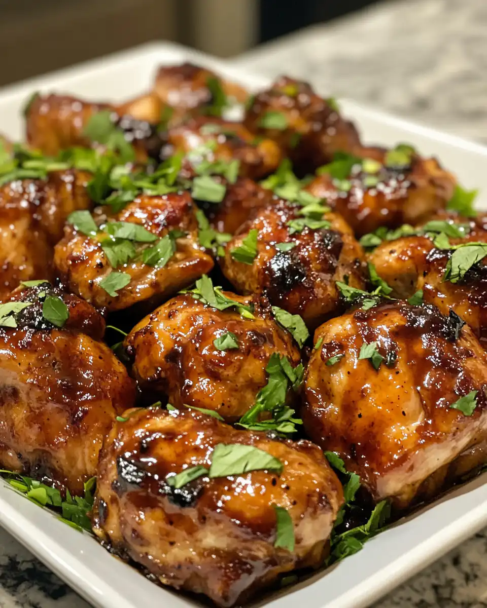 Close up of deliciously sauced dragon chicken served with fresh coriander