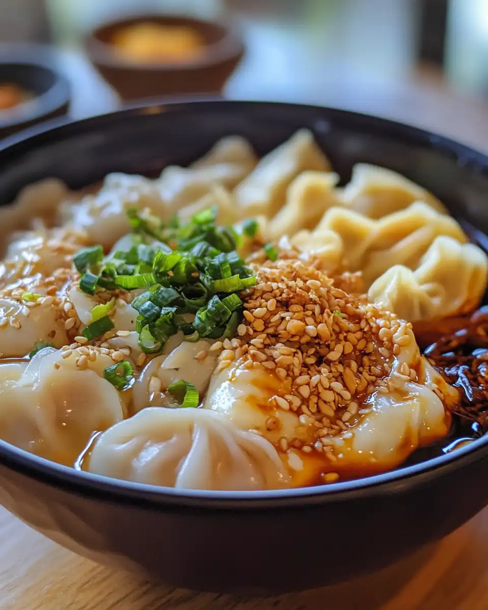 Close-up of the ingredient lineup for dumpling ramen bowl