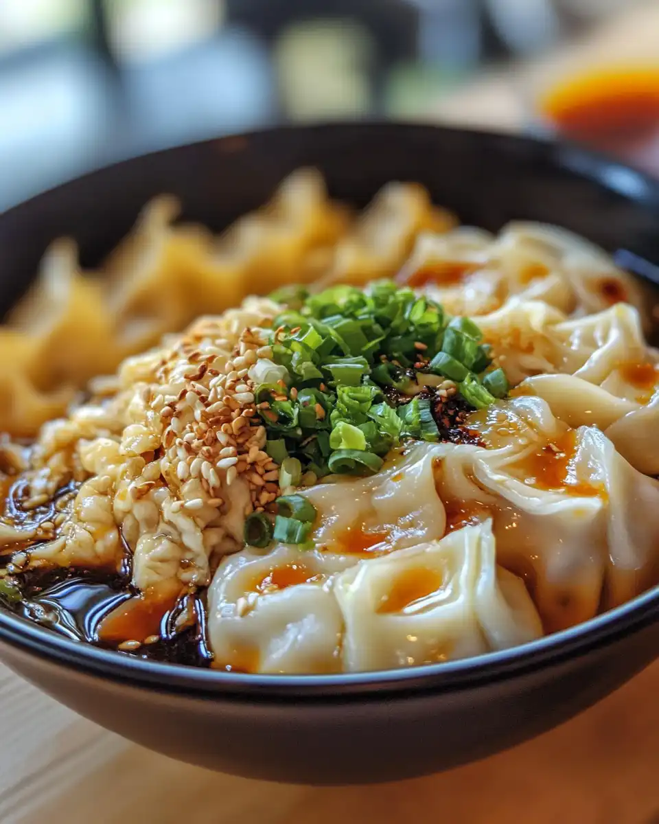 Serving of dumpling ramen topped with soft boiled eggs and garnishes