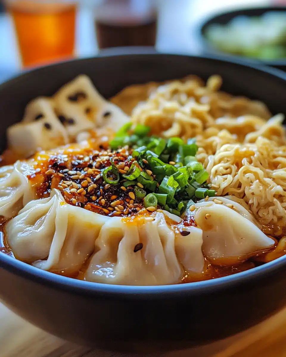 Steaming dumpling ramen bowl in a pressure cooker kitchen setting