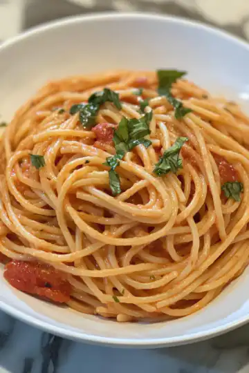 Easy And Creamy Tomato Garlic Pasta Recipe taken with iphone 15 pro max --iw 2 --ar 4:5 --v 6.1 --raw