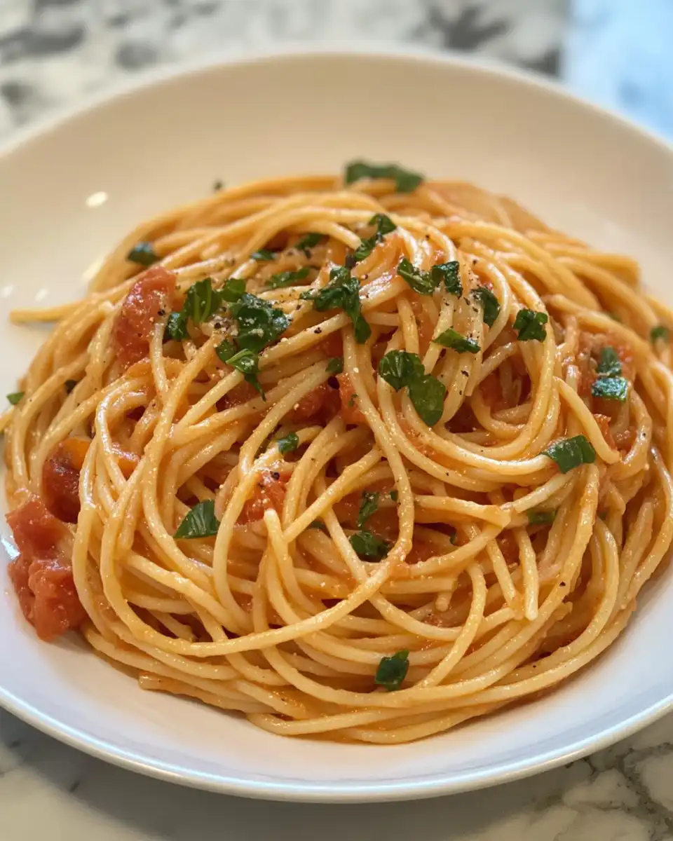 Close up of creamy tomato garlic pasta with parmesan topping